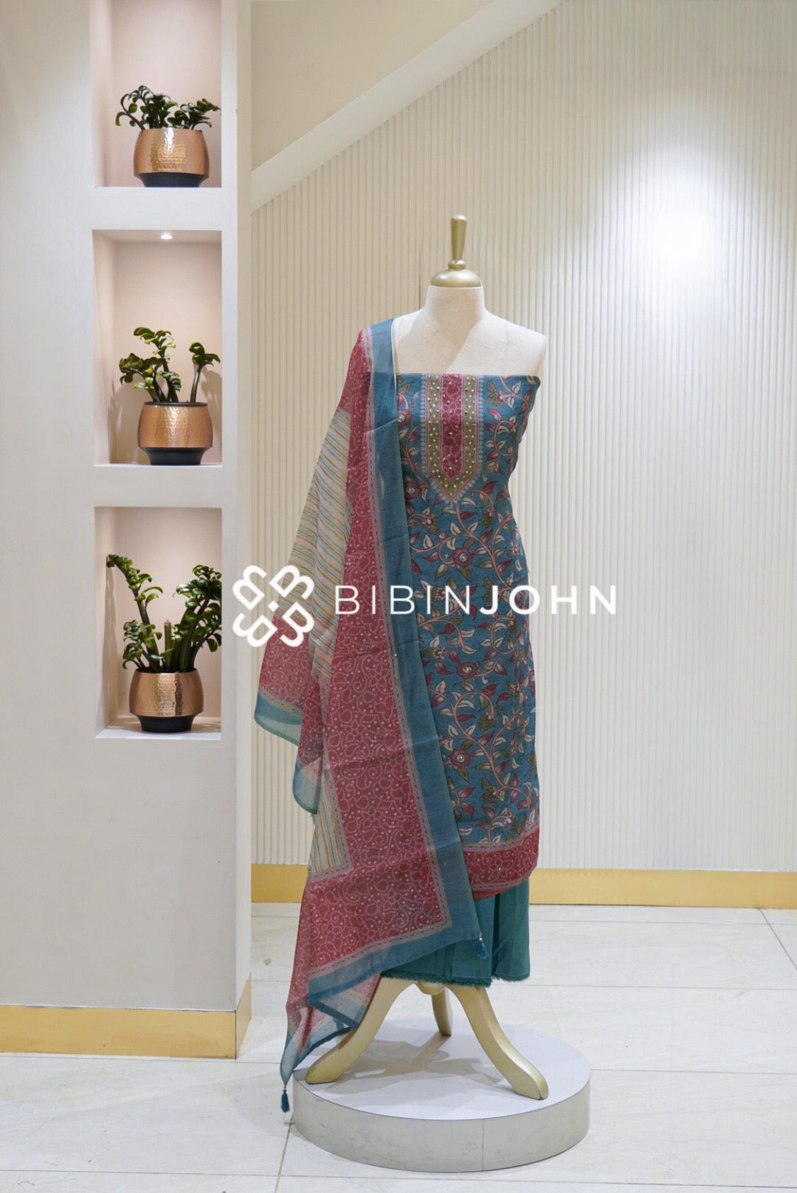 Printed Chanderi Embroidery Unstitched Salwar Suit Material Dusty Teal Blue BJ2530