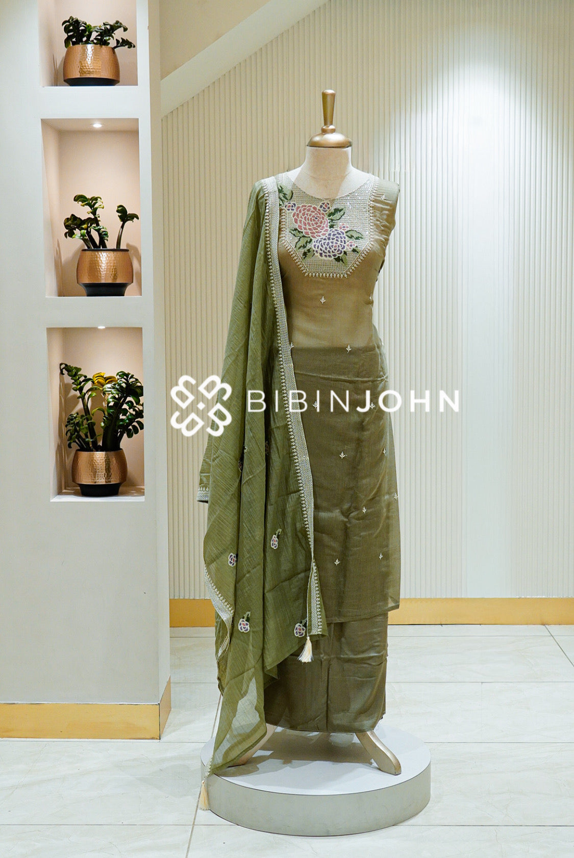 Chanderi Embroidery Semi stitched Salwar Suit Material Olive Green BJ1569