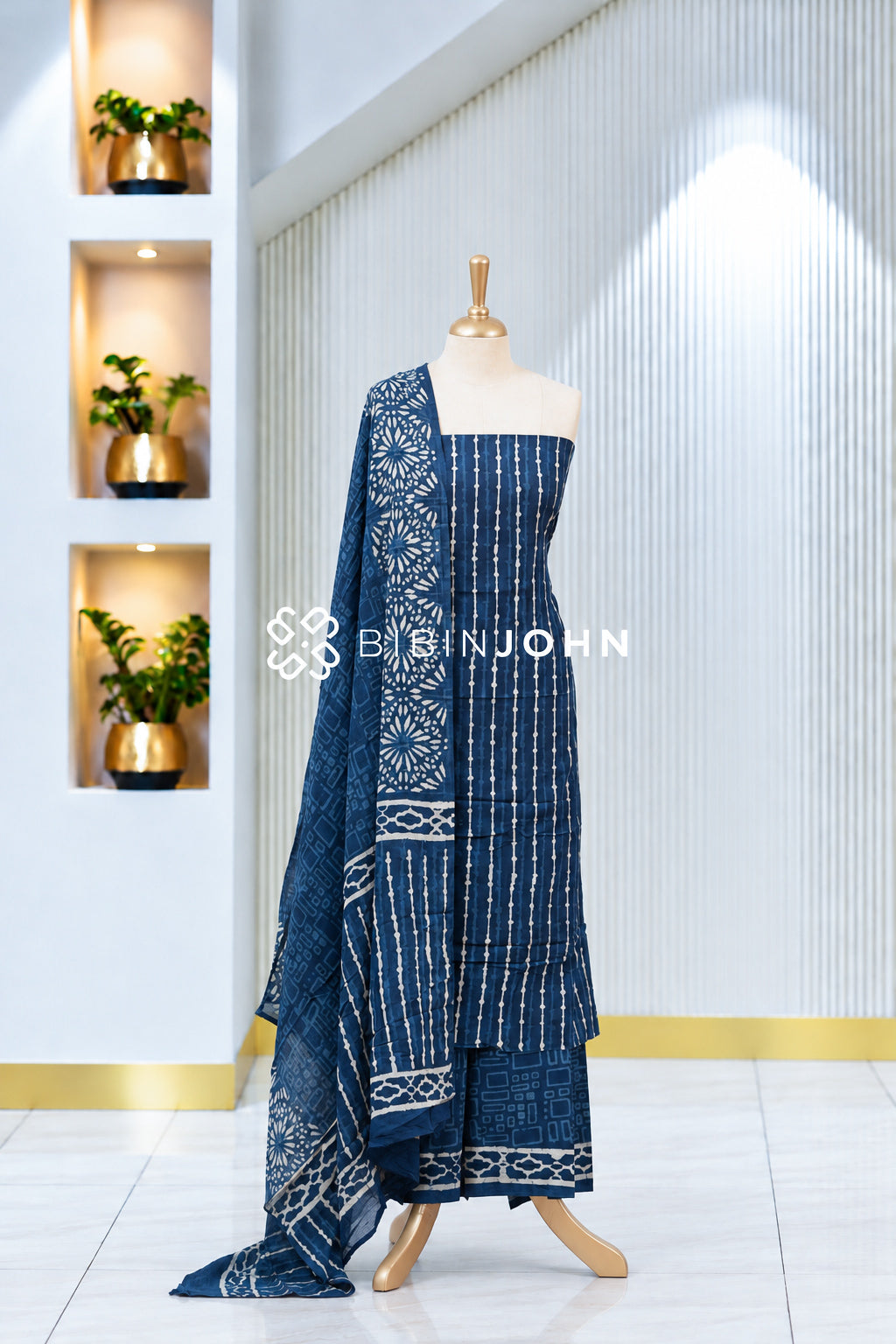 Printed Cotton Unstitched Salwar Suit Material Indigo Blue With Ivory BJ1974