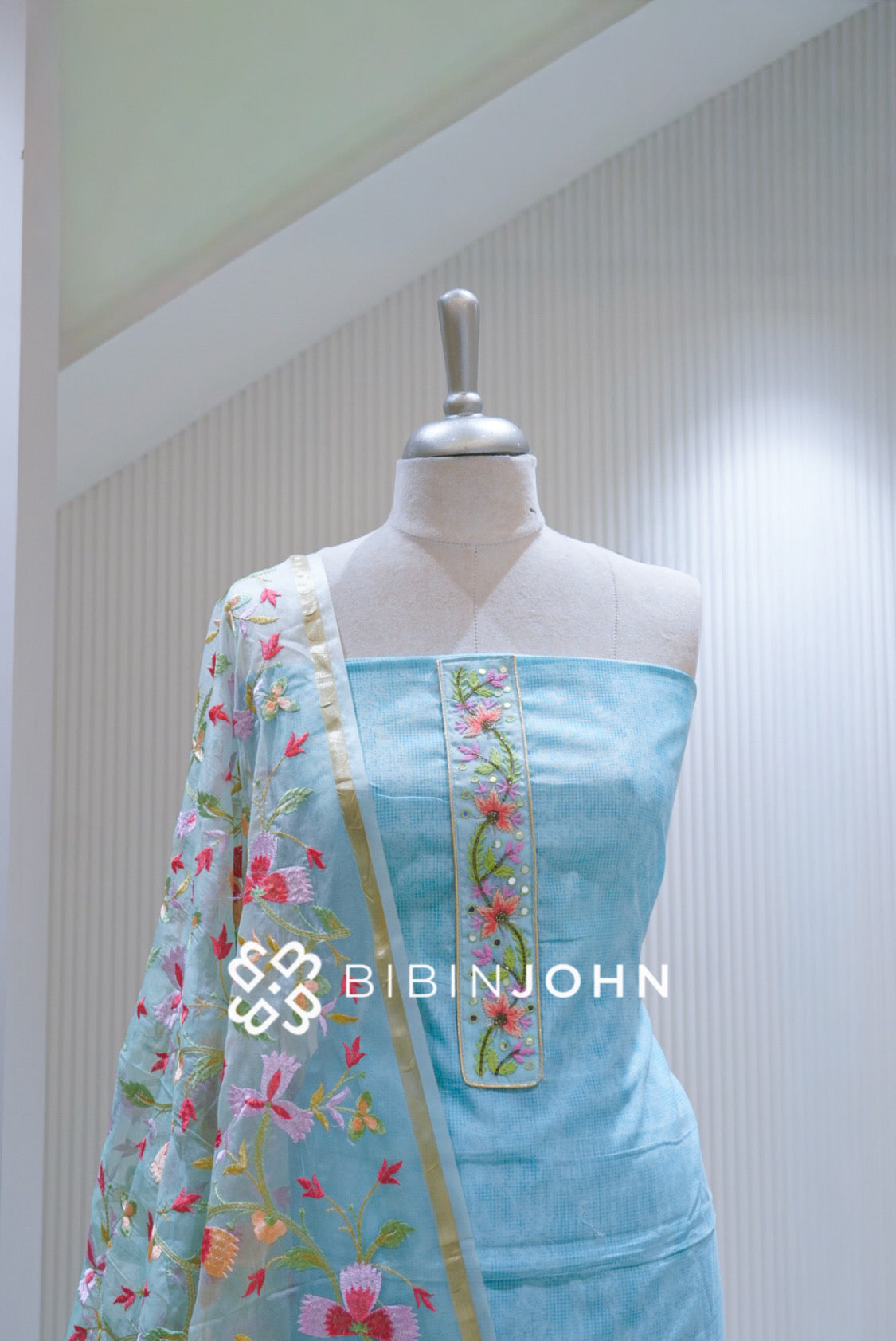 Chanderi Embroidery Unstitched Salwar Suit Materials Light Sky Blue BJ1682