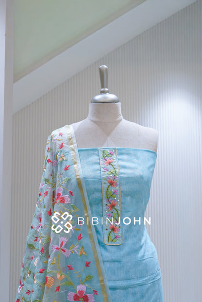 Chanderi Embroidery Unstitched Salwar Suit Materials Light Sky Blue BJ1682