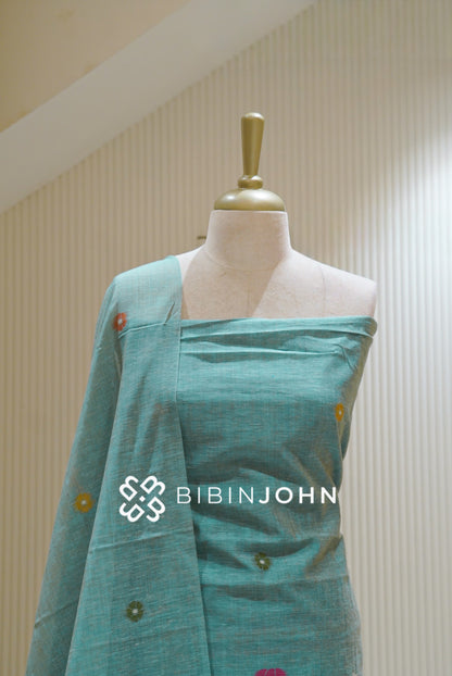 Chanderi Embroidery Weaving Unstitched Salwar Suit Material Pastel Turquoise Blue BJ2610