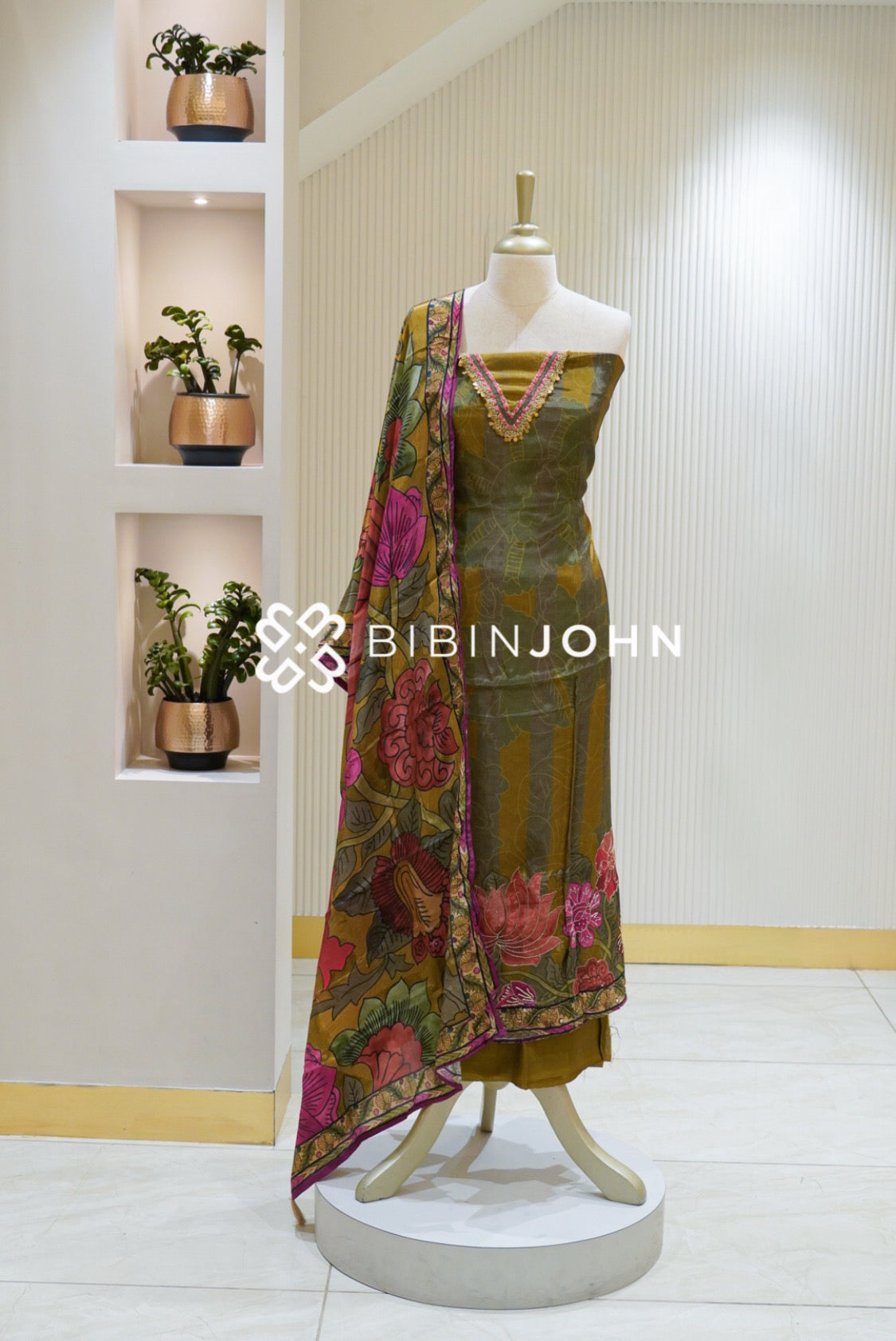 Muslin Embroidery Unstitched Salwar Suit Material Mustard Olive Green BJ1911
