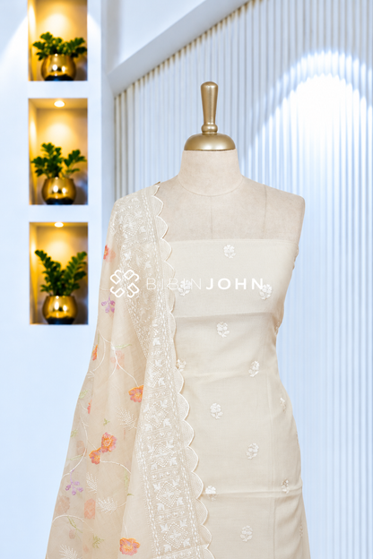 Chanderi Embroidery Unstitched Salwar Suit Material Ivory Cream BJ2083