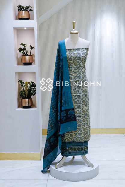 Cotton Ajrak Printed Unstitched Salwar Suit Materials Ivory BJ1638
