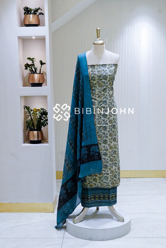 Cotton Ajrak Printed Unstitched Salwar Suit Materials Ivory BJ1638