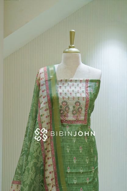 Semi Silk Embroidery Unstitched Salwar Suit Material Olive Green BJ2470