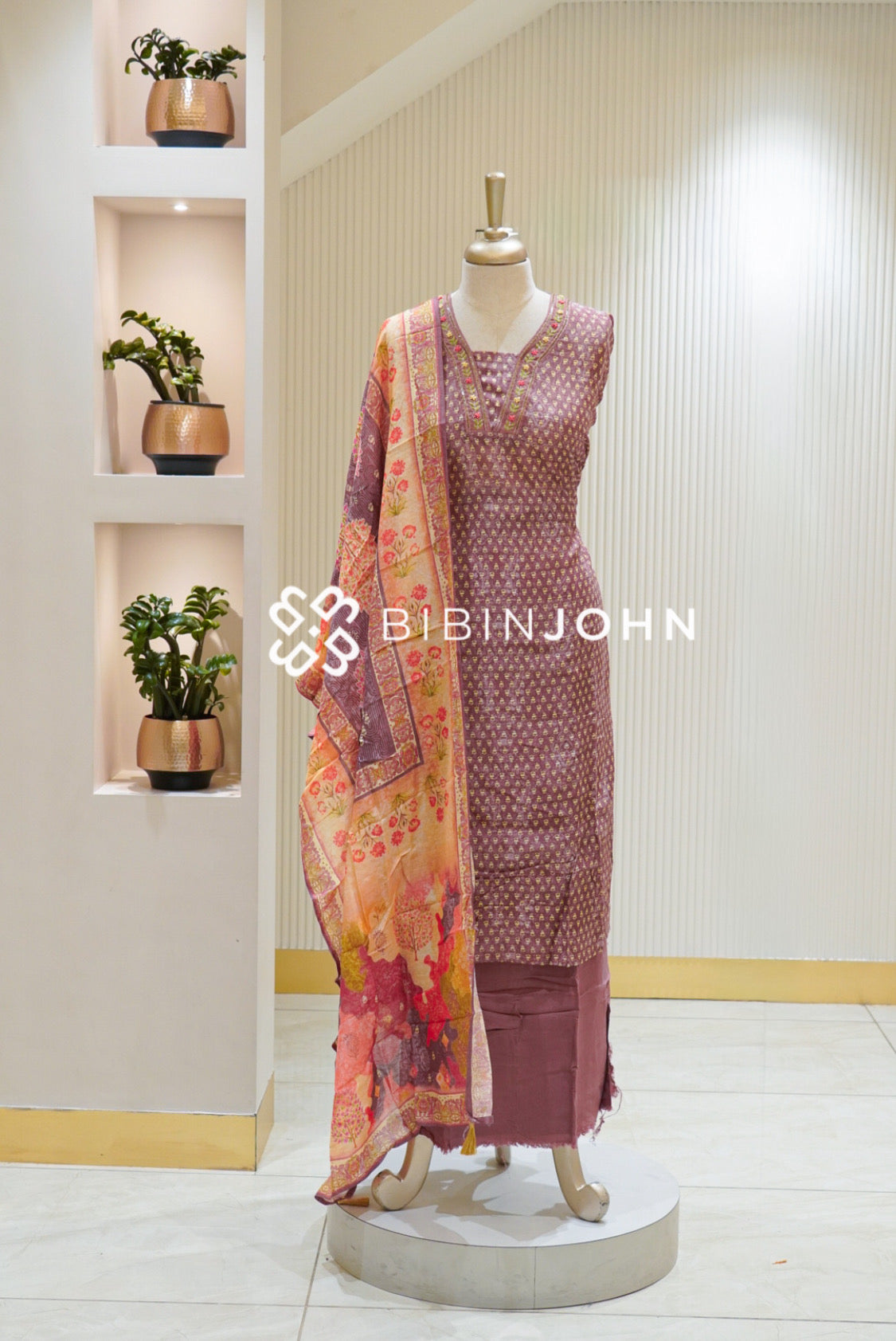 Semi Stitched Chanderi Embroidery Salwar Suit Material Dusty Mauve With Peach BJ2745