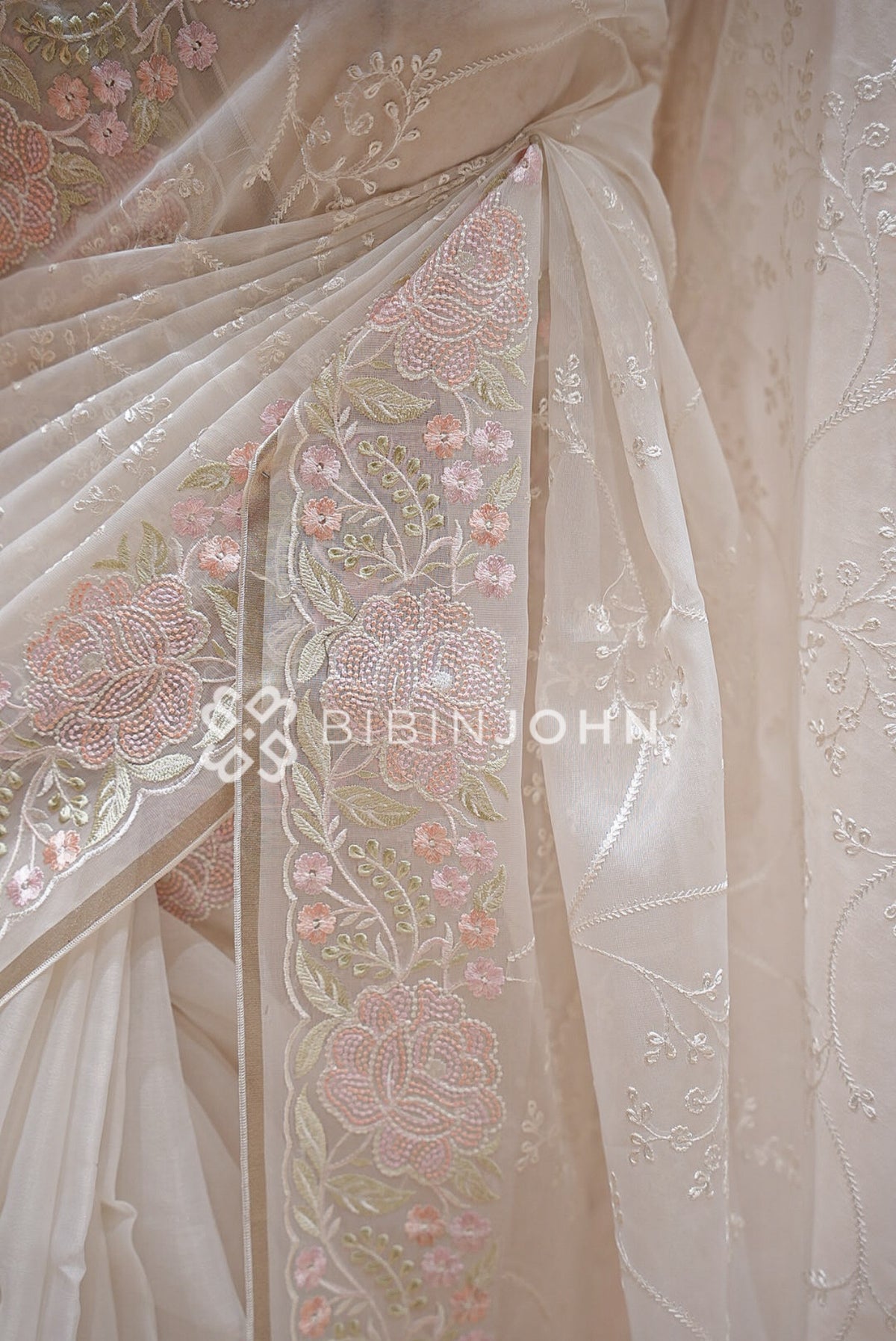 Organza Embroidery Saree White BJ1017