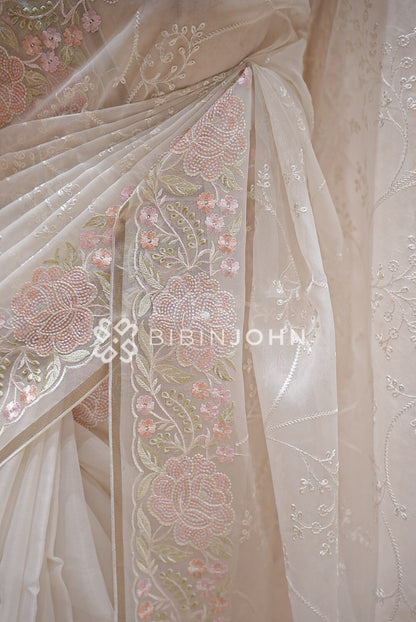 Organza Embroidery Saree White BJ1017