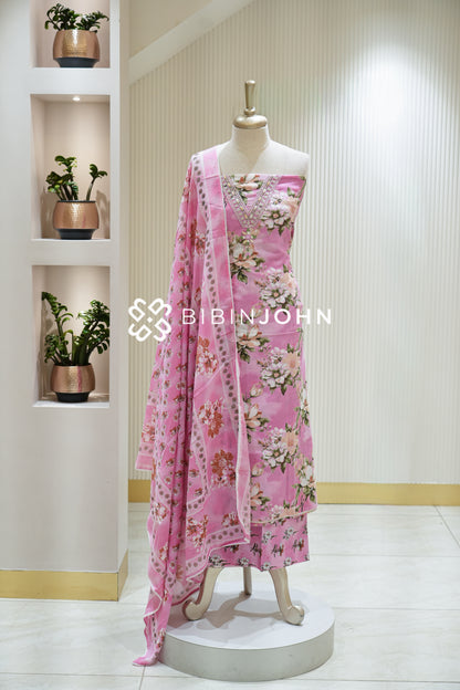Cotton Embroidery Unstitched Salwar Suit Material Pink BJ2243