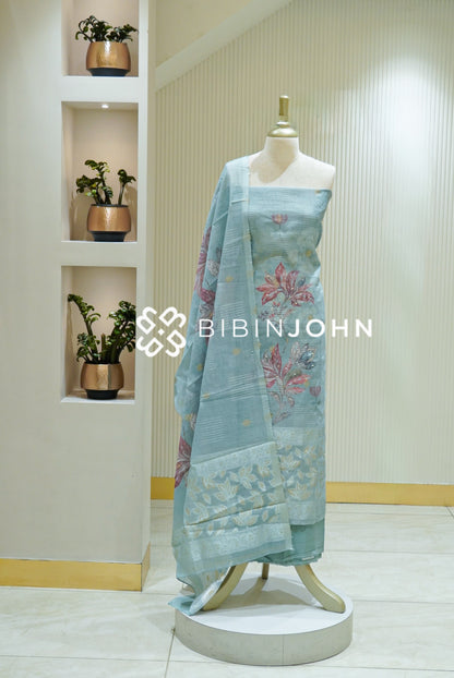 Art Linen Embroidery Unstitched Salwar Suit Material Pastel Aqua Blue BJ2488