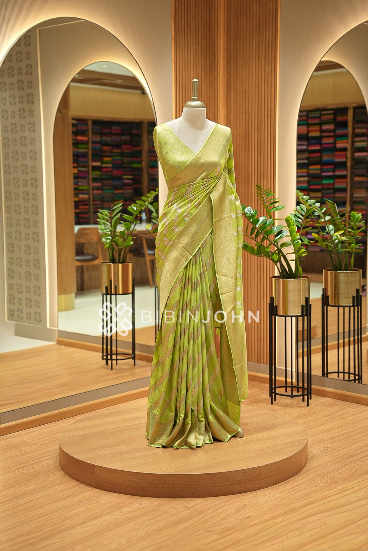 Silk Brocade Saree Lime-Green BJ1036