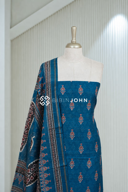 Printed Chanderi Unstitched Salwar Suit Material  Peacock Blue BJ2043