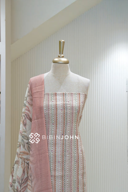 Linen Embroidery Unstitched Salwar Suit Material Ivory White with Dusty Pink BJ2362