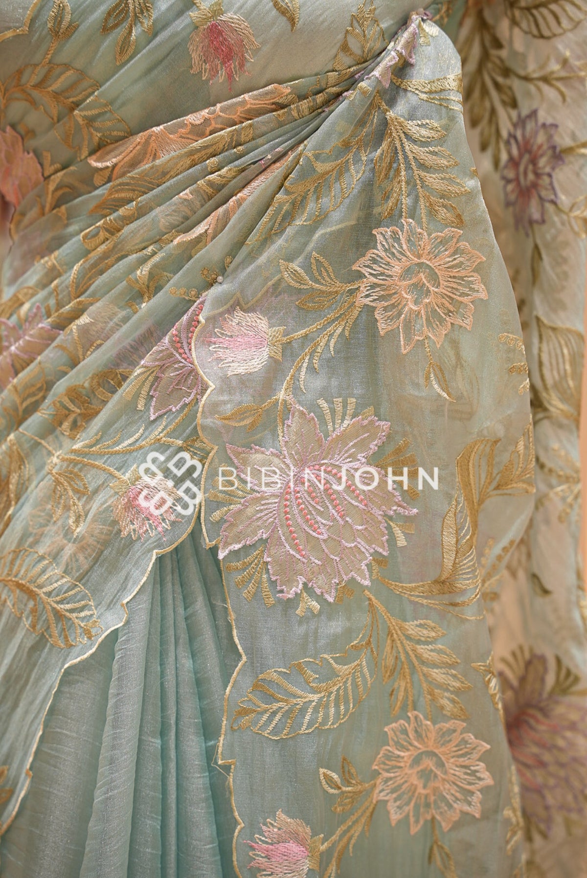 Tissue Organza Embroidery Saree Seafoam Green/Pastel Blue BJ0937