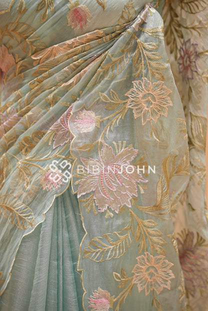 Tissue Organza Embroidery Saree Seafoam Green/Pastel Blue BJ0937