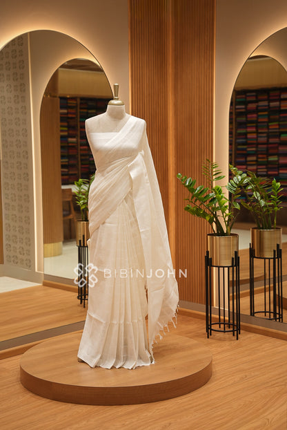 Linen Saree For Women Ivory White BJ1656