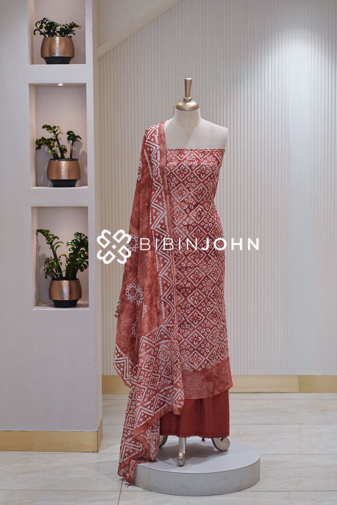 Batik Printed Chanderi Unstitched Salwar Suit Material Terracotta Rust BJ2302