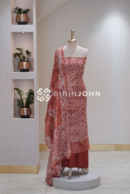 Batik Printed Chanderi Unstitched Salwar Suit Material Terracotta Rust BJ2302