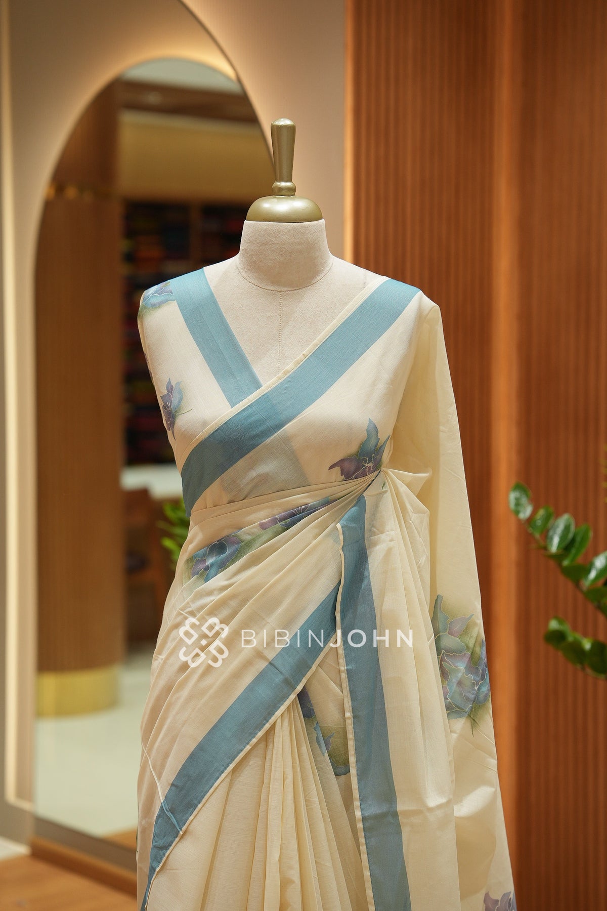 Printed Cotton Saree For Women Cream With Dusty Blue BJ2466