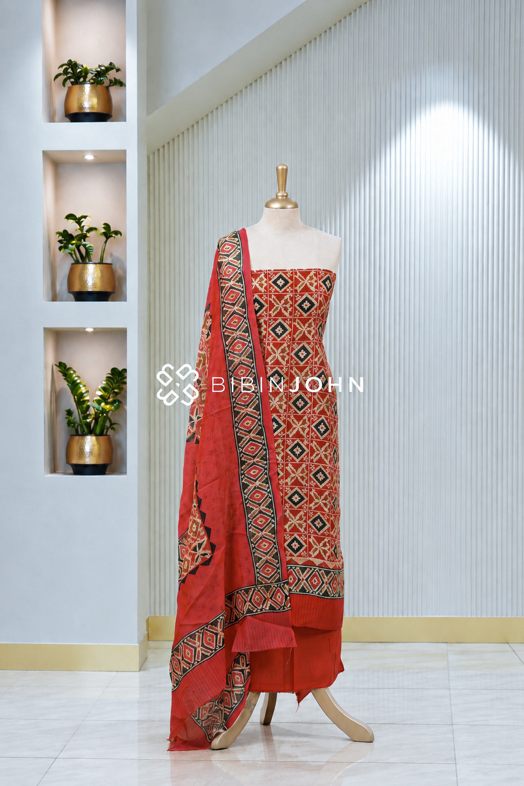 Printed Chanderi Unstitched Salwar Suit Material Rust Red With Black BJ1960