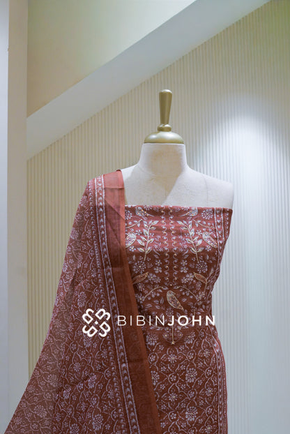 Semi Linen Printed Embroidery Unstitched Salwar Suit Material Terracotta Brown BJ2526