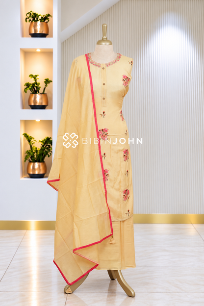 Semistitched Muslin Embroidery Salwar Suit Material Pastel Yellow BJ2091