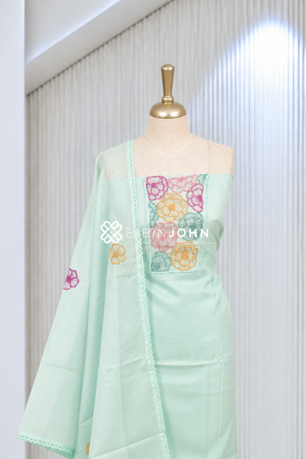 Cotta Embroidery Unstitched Salwar Suit Material Pastel Mint Green BJ2068
