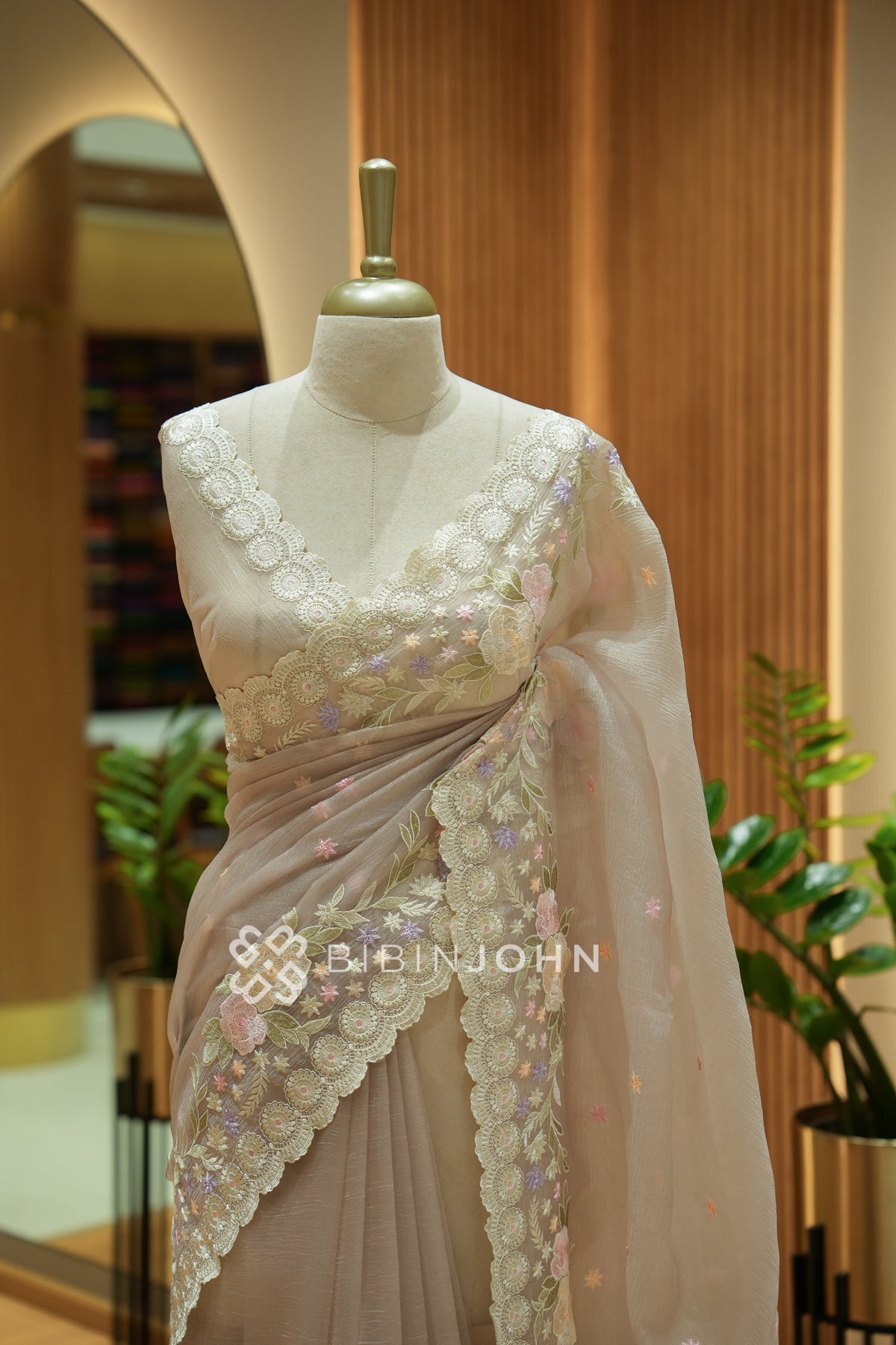 Tissue Embroidery Saree For Women Champagne Beige BJ2335