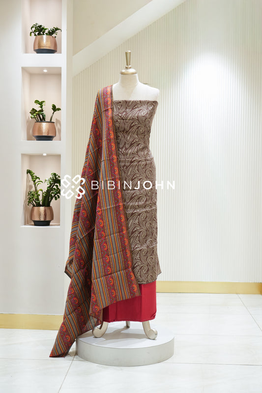 Semi Silk Printed Unstitched Salwar Suit Materials Red BJ2210
