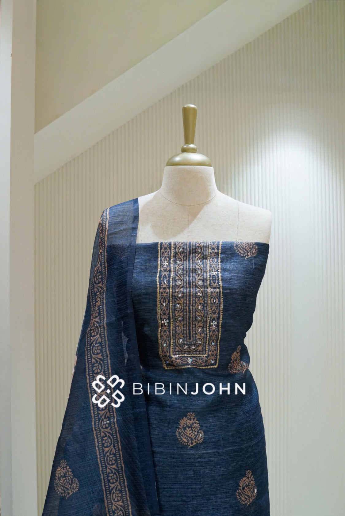 Semi Silk Embroidery Unstitched Salwar Suit Material Navy Blue BJ2533