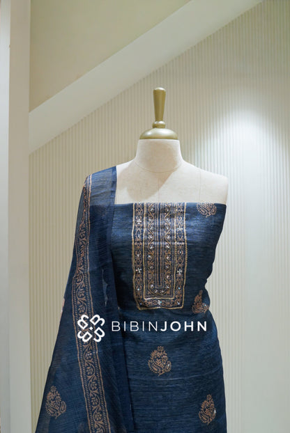 Semi Silk Embroidery Unstitched Salwar Suit Material Navy Blue BJ2533