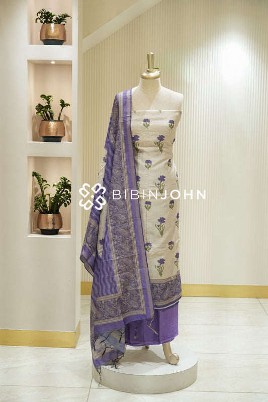 Chanderi Printed Unstitched Salwar Suit Materials  Ivory with Lavender BJ2214