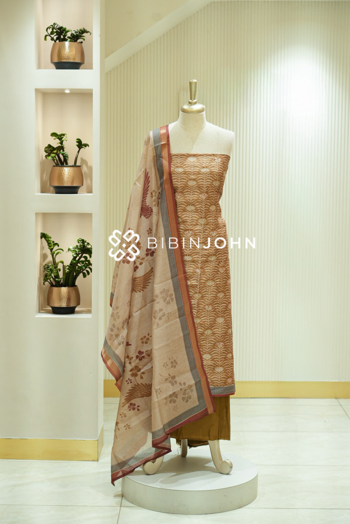 Semi Silk Embroidery Unstitched Salwar Suit Material Warm Caramel Brown BJ2174