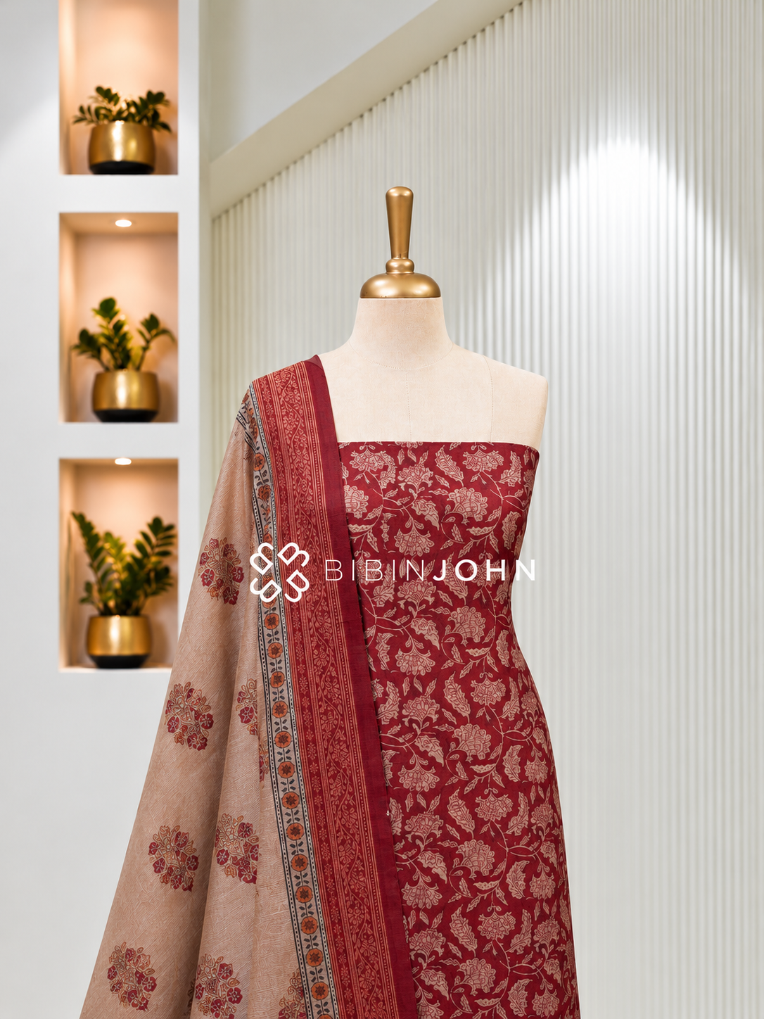 Printed Chanderi Unstitched Salwar Suit Material Maroon Red BJ1823