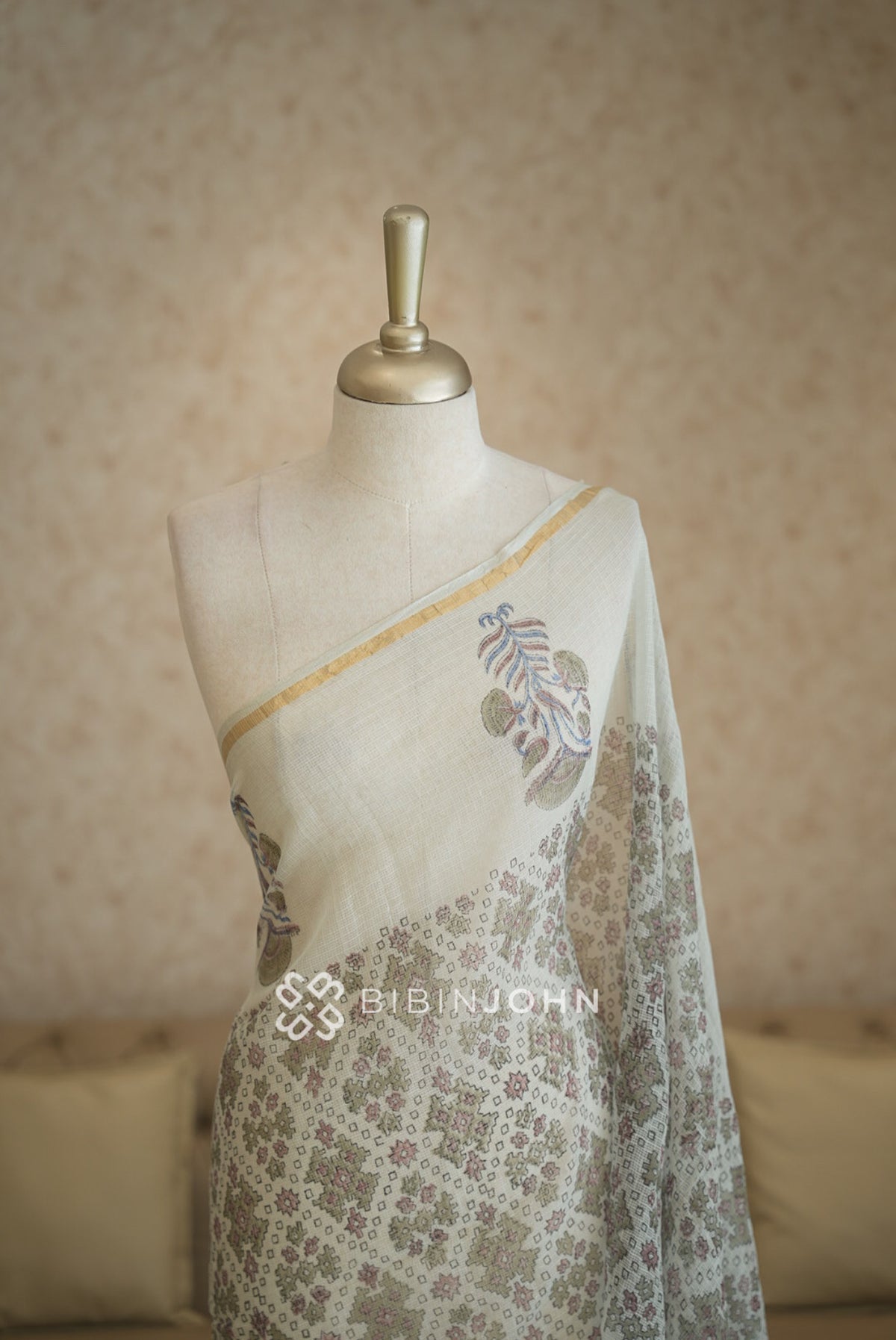 Cotton Cotta Dupatta For Women Ivory White with Sage Green BJ2395