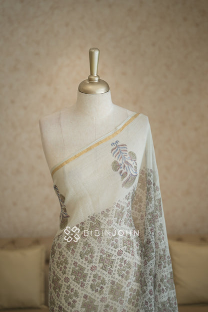 Cotton Cotta Dupatta For Women Ivory White with Sage Green BJ2395