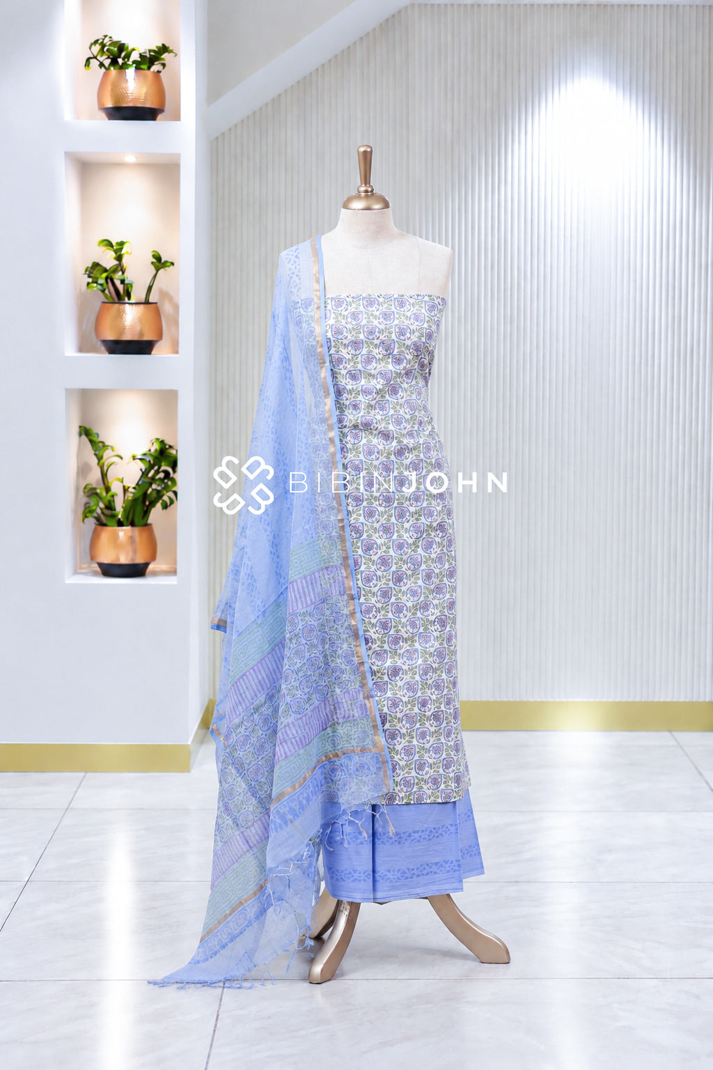 Printed Cotton Unstitched Salwar Suit Material Pastel Blue With Ivory BJ2018