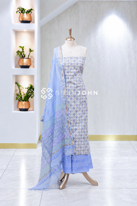 Printed Cotton Unstitched Salwar Suit Material Pastel Blue With Ivory BJ2018