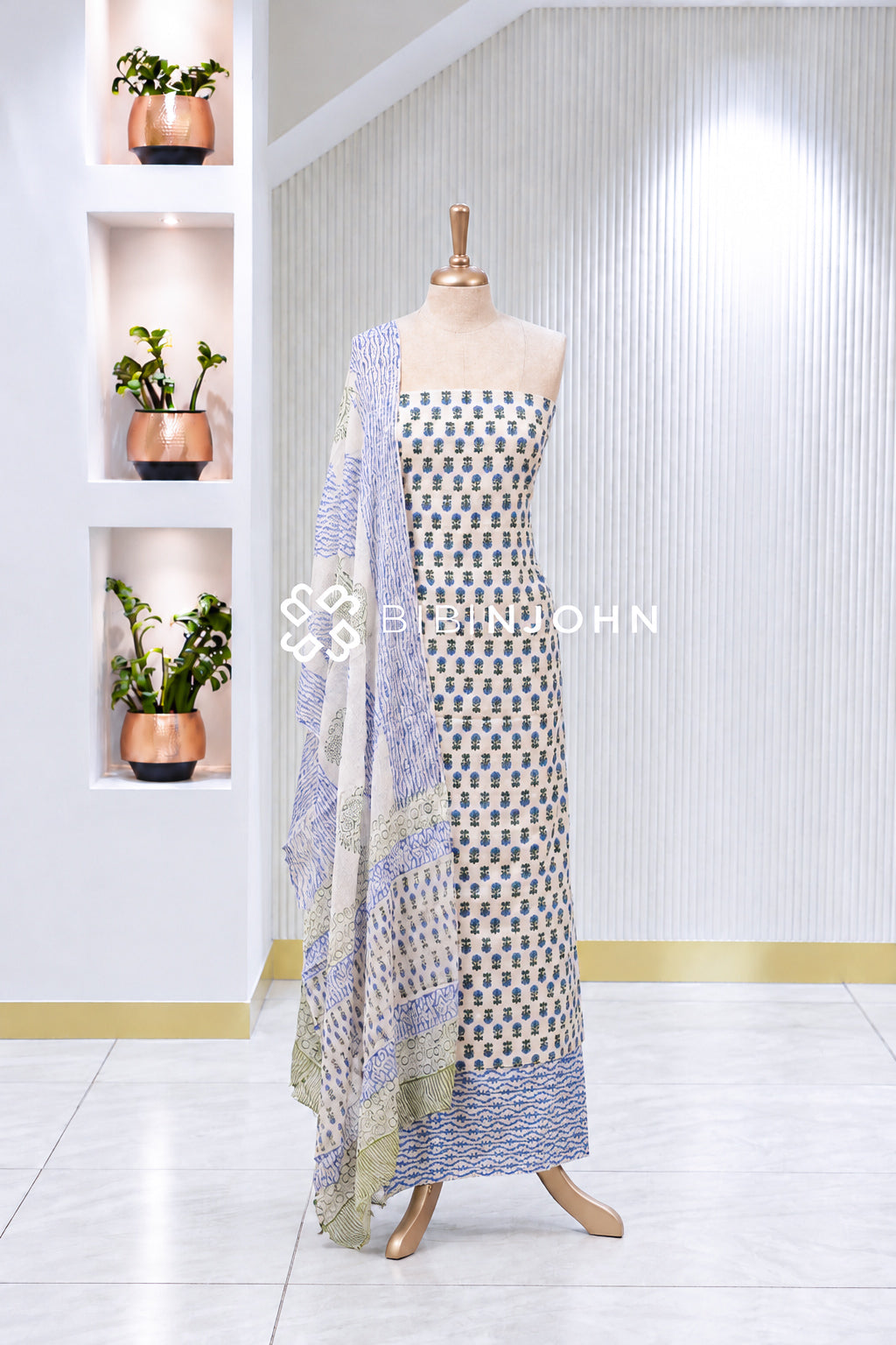 Printed Cotton Unstitched Salwar Suit Material Ivory White With Blue BJ2009