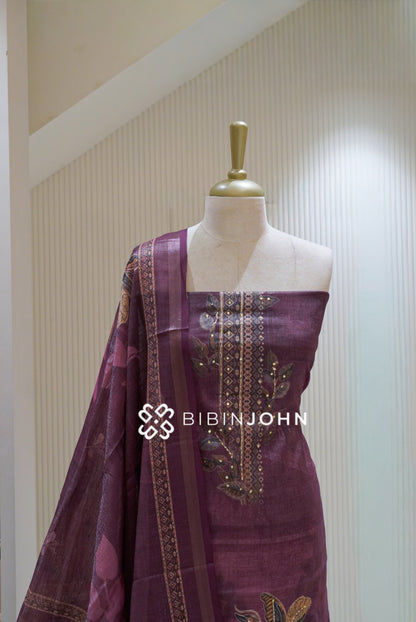 Art Tissue Linen Unstitched Salwar Suit Material Deep Plum Purple BJ2482