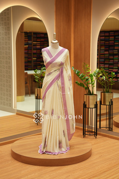 Printed Cotton Saree For Women Cream With Mauve Pink BJ2538