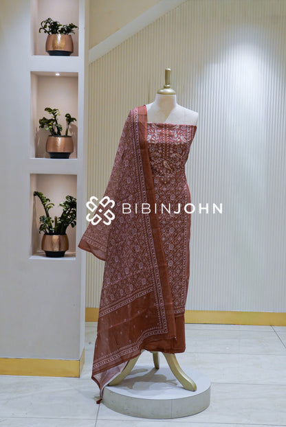 Semi Linen Printed Embroidery Unstitched Salwar Suit Material Terracotta Brown BJ2526