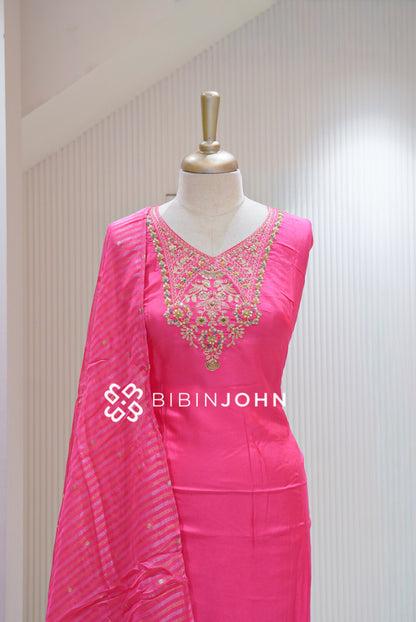 Semi Stitched Silk Embroidery Salwar Suit Material Rani Pink BJ1883
