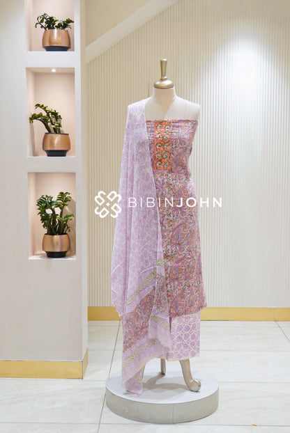 Cotton Embroidery Unstitched Salwar Suit Material Ivory White With Lavender Purple BJ2737