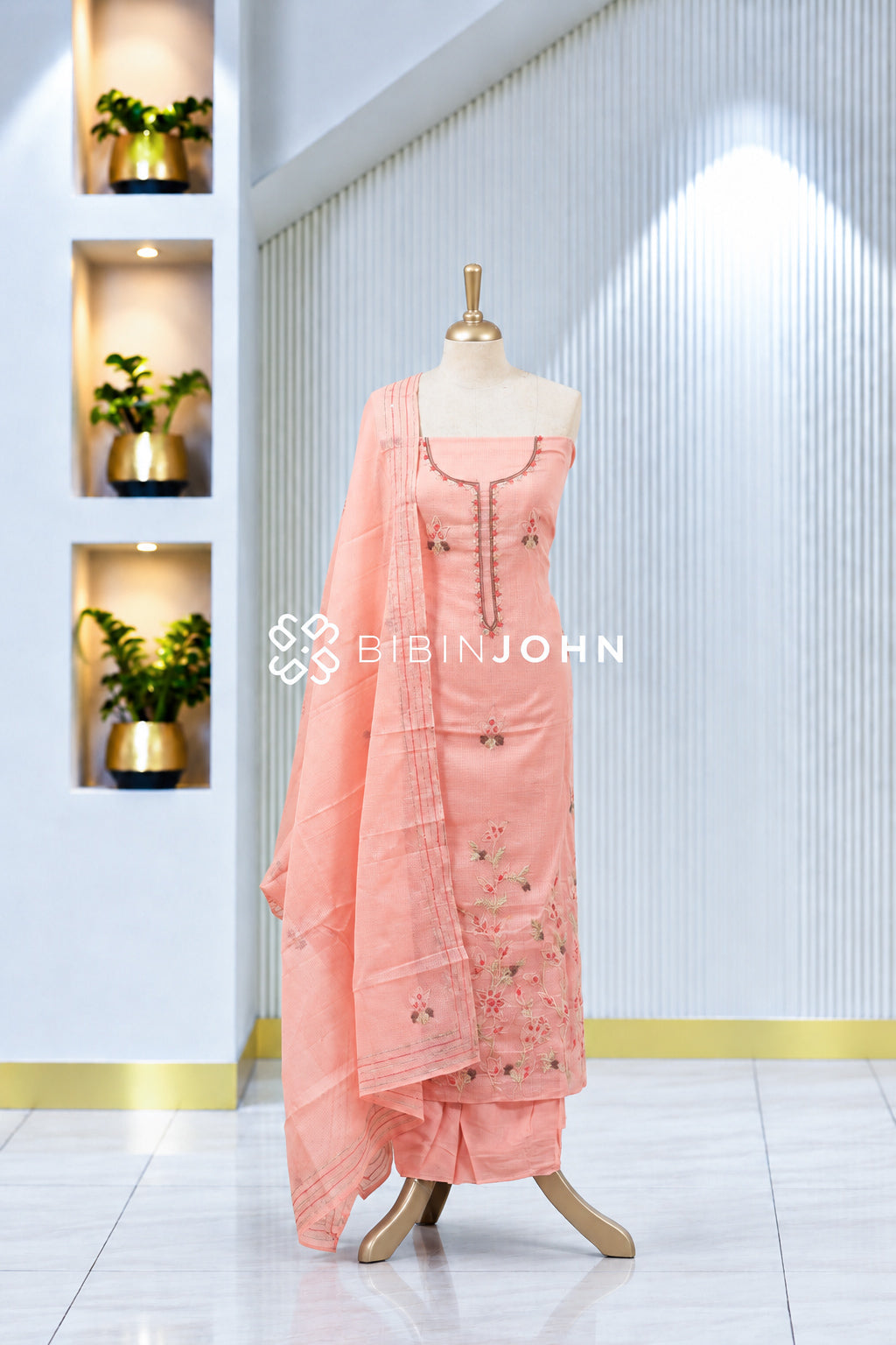 Cotta Embroidery Unstitched Salwar Suit Material Peach Pink BJ1979