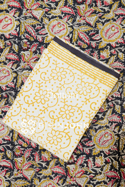 Cotton Linen Block Print Unstitched Salwar Suit Material Black BJ1124