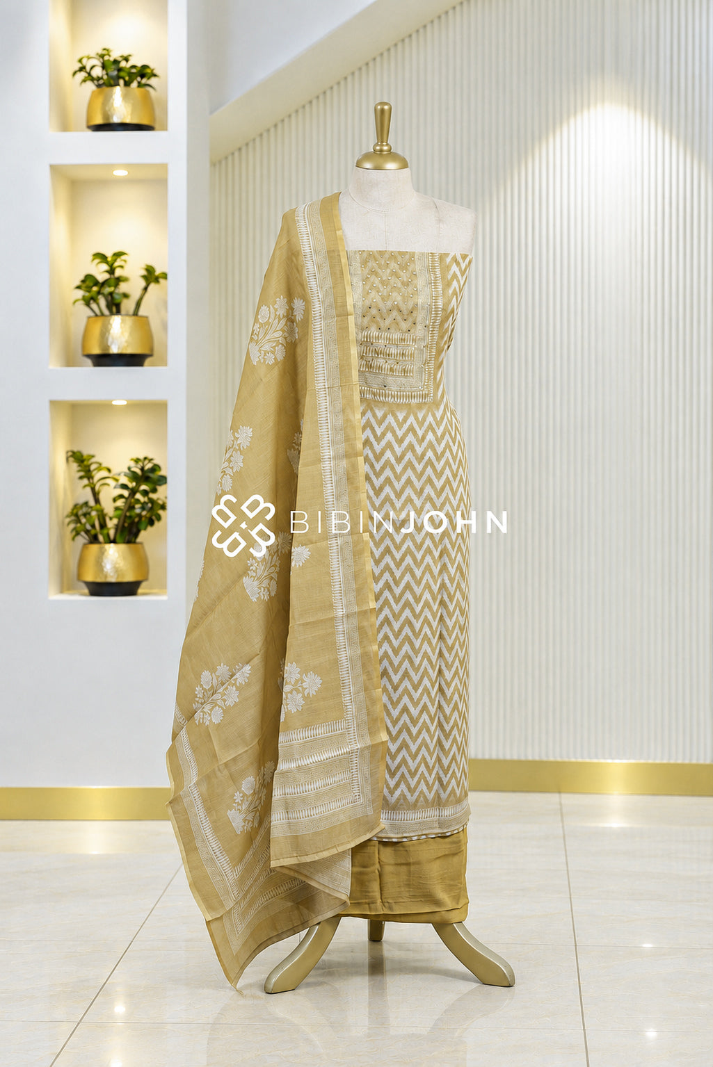 Chanderi Embroidery Unstitched Salwar Suit Material Muted Mustard Gold BJ1841