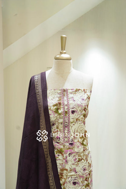 Semi Silk Embroidery Unstitched Salwar Suit Material Cream BJ2244